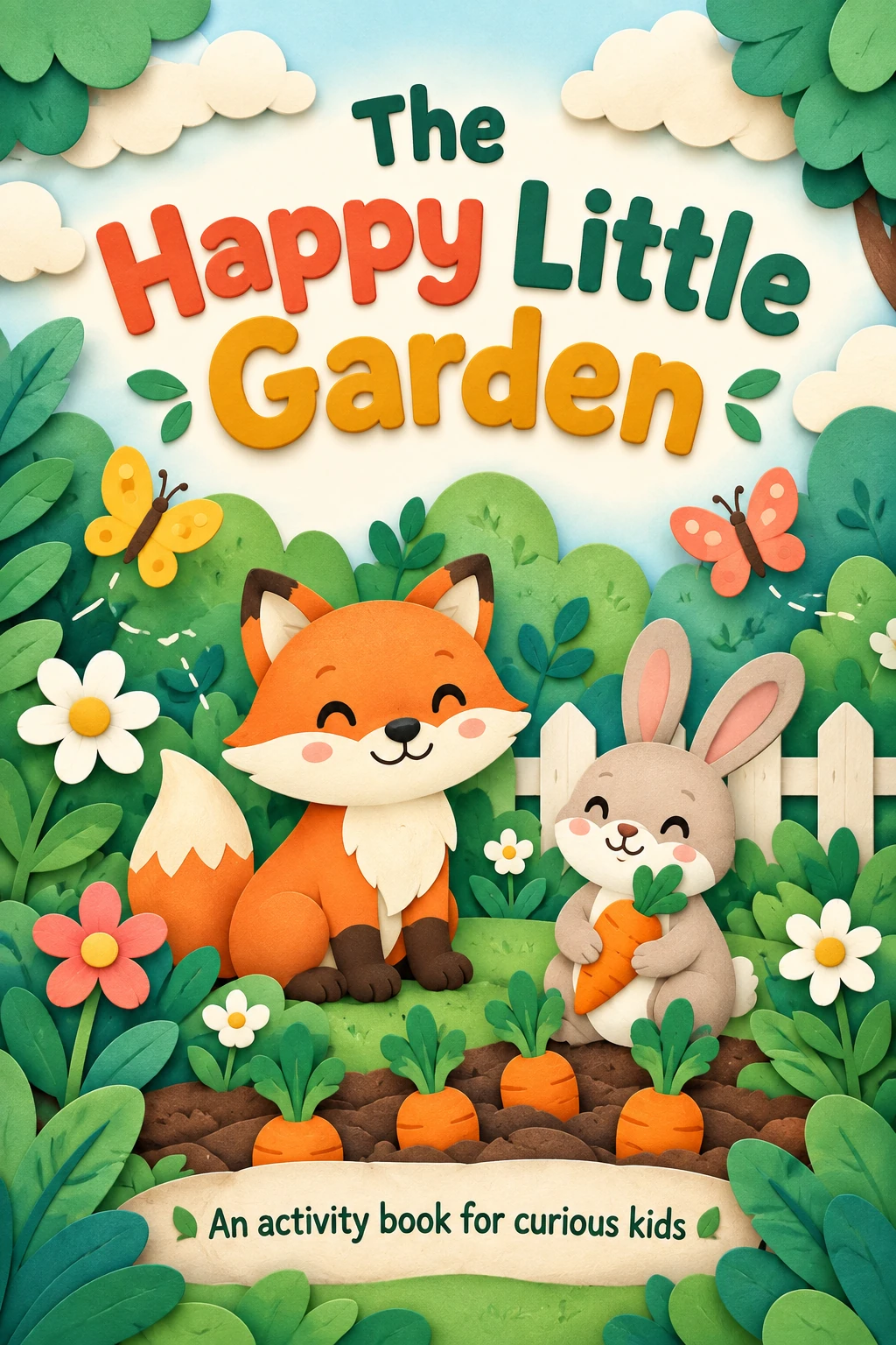 A friendly papercut fox and rabbit exploring a garden