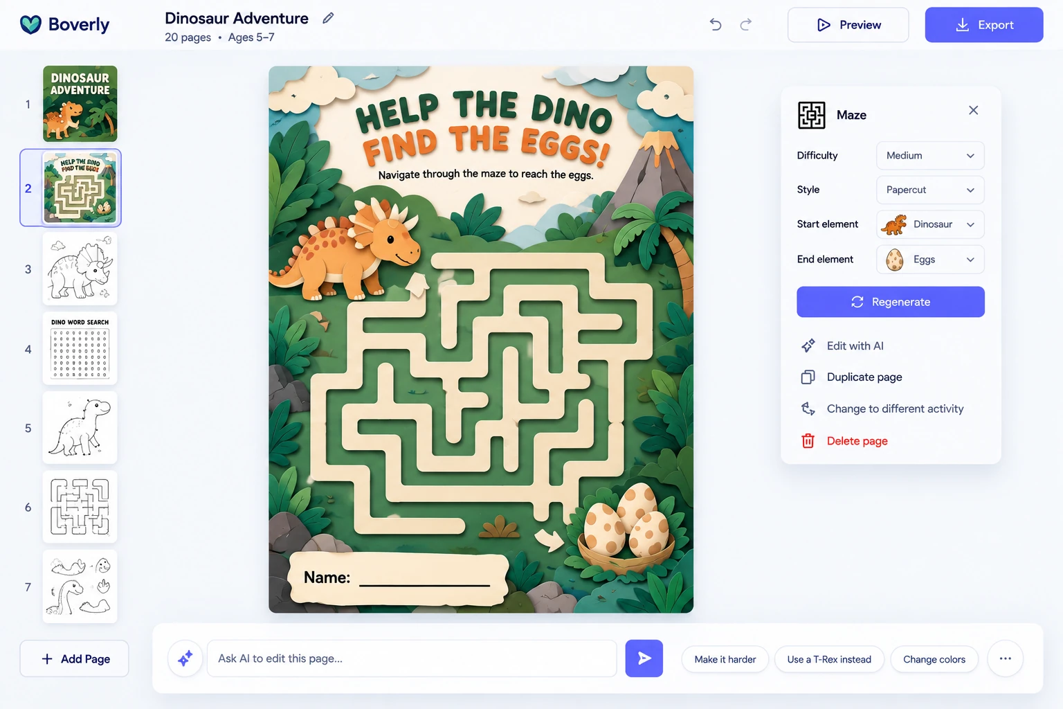 An illustrated Boverly editor example with a dinosaur maze, a book page list and page editing tools
